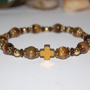 Cross Bracelet,Rosary Bracelet,Tiger Eye Bracelet,Cross Rosary Bracelet,Tiger Ey